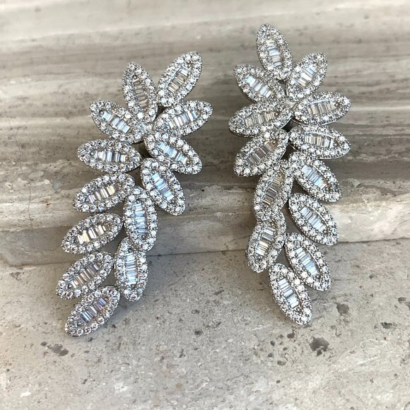 NEW ~ Anthropologie Pavé X Baguette Fancy Flower Drop Stud Silver Earrings - Picture 1 of 14